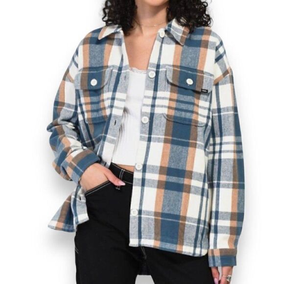 Vans Eliza Cream & Teal Flannel Shacket - Picture 1 of 8